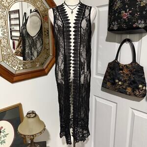 NWT Polly & Esther Sheer Black Floral Lace Sleeveless Open Front Duster Kimono S